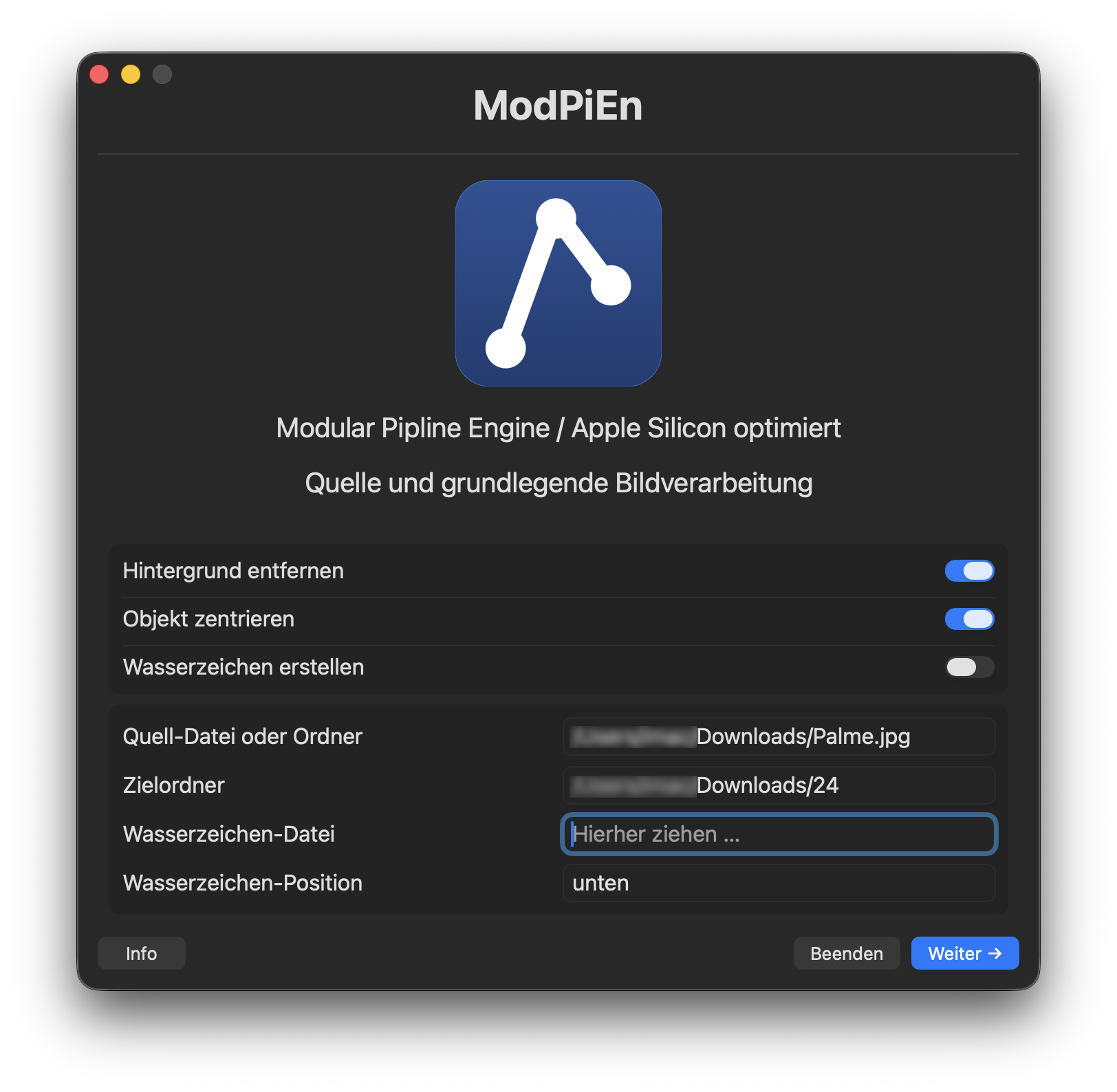 Benutzeroberfläche von ModPiEn zur lokalen KI-gestützten Bildverarbeitung auf macOS